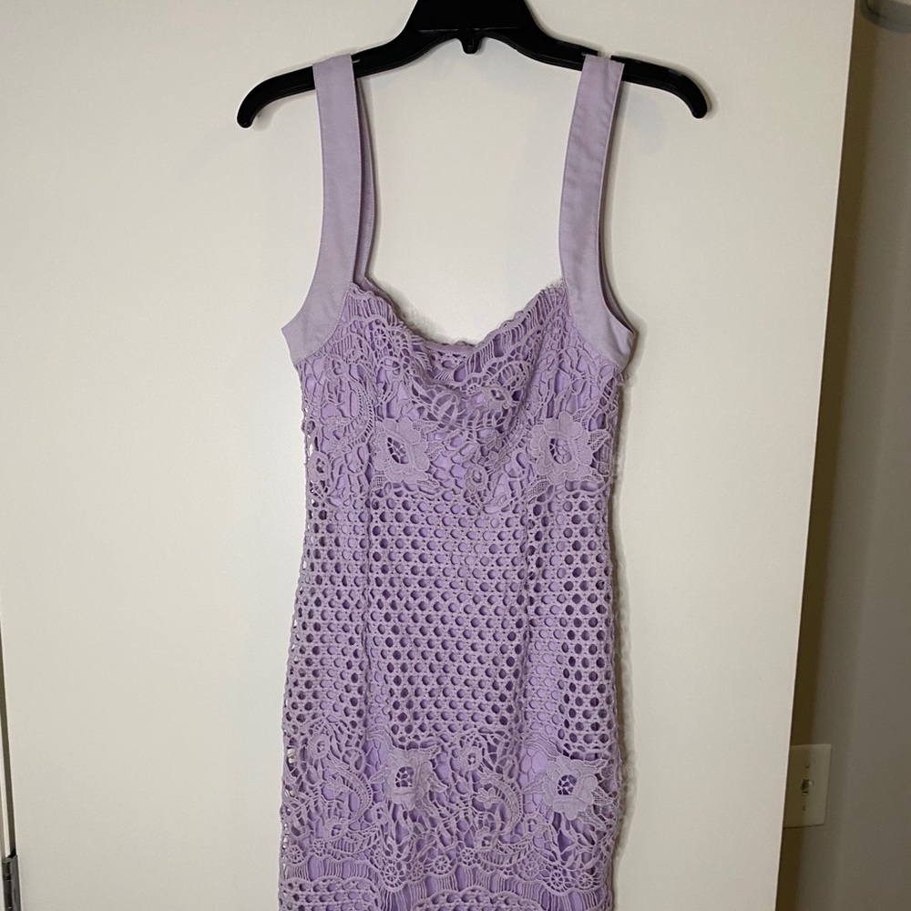 Prettylittlething pastel purple lace midi dress